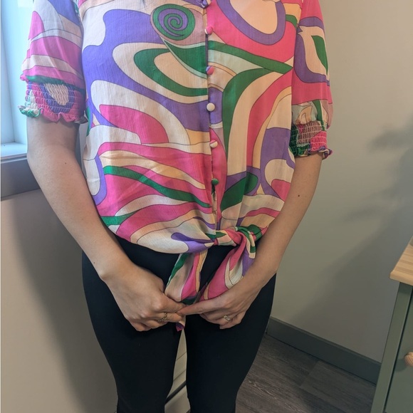 Colorful Abstract Tie-Front Blouse - Picture 8 of 9